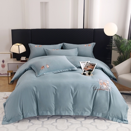 金纱玉纺家纺 2024新款素色加厚公艺绣花四件套 叶香风暖-兰