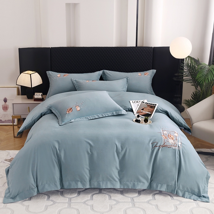 91家纺网 家纺一手货源 找家纺 金纱玉纺家纺 2024新款素色加厚公艺绣花四件套 叶香风暖-兰