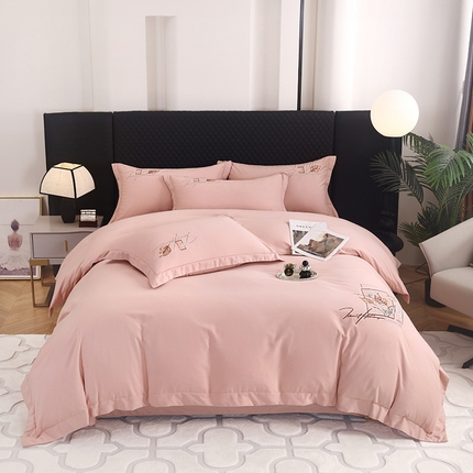 金纱玉纺家纺 2024新款素色加厚公艺绣花四件套 叶香风暖-粉玉