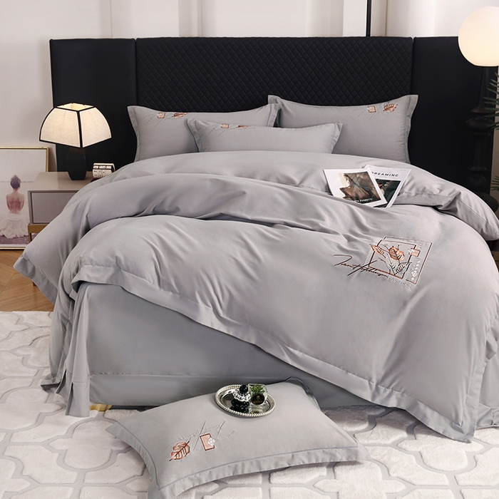 91家纺网 家纺一手货源 找家纺 金纱玉纺家纺 2024新款素色加厚公艺绣花四件套 叶香风暖-棕灰