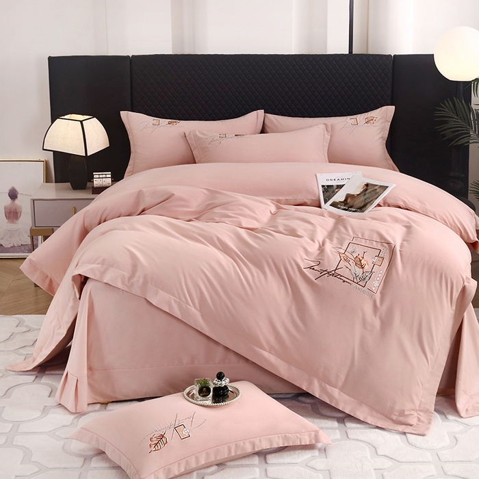 91家纺网 家纺一手货源 找家纺 金纱玉纺家纺 2024新款素色加厚公艺绣花四件套 叶香风暖-粉玉