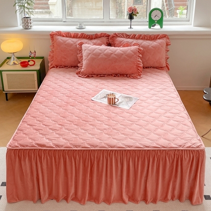 91家纺网 家纺一手货源 找家纺 忘忧草 2024新款宝宝绒夹棉床裙-优雅 优雅-橘皮粉