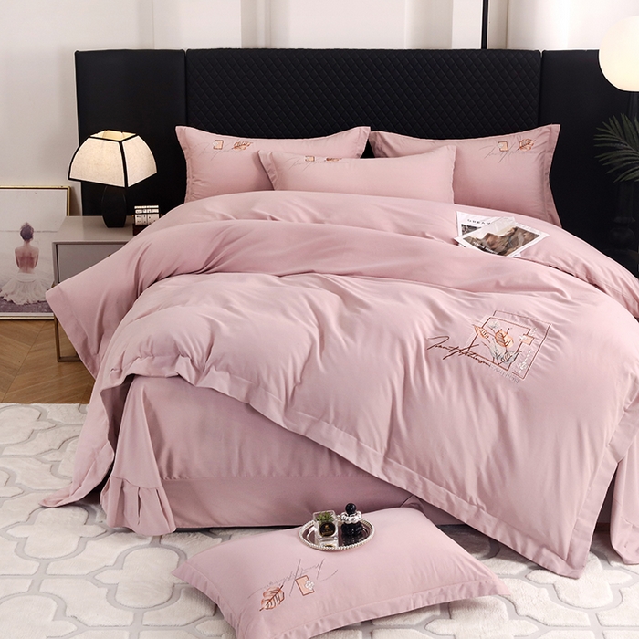 91家纺网 家纺一手货源 找家纺 金纱玉纺家纺 2024新款素色加厚公艺绣花四件套 叶香风暖-浅紫