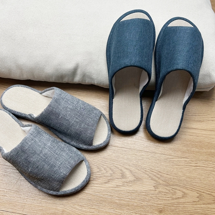 91家纺网 家纺一手货源 找家纺 （总）南通盟生鞋业有限公司 2024新款日式素色TPR防滑静音软底棉麻四季室内家居开口拖鞋