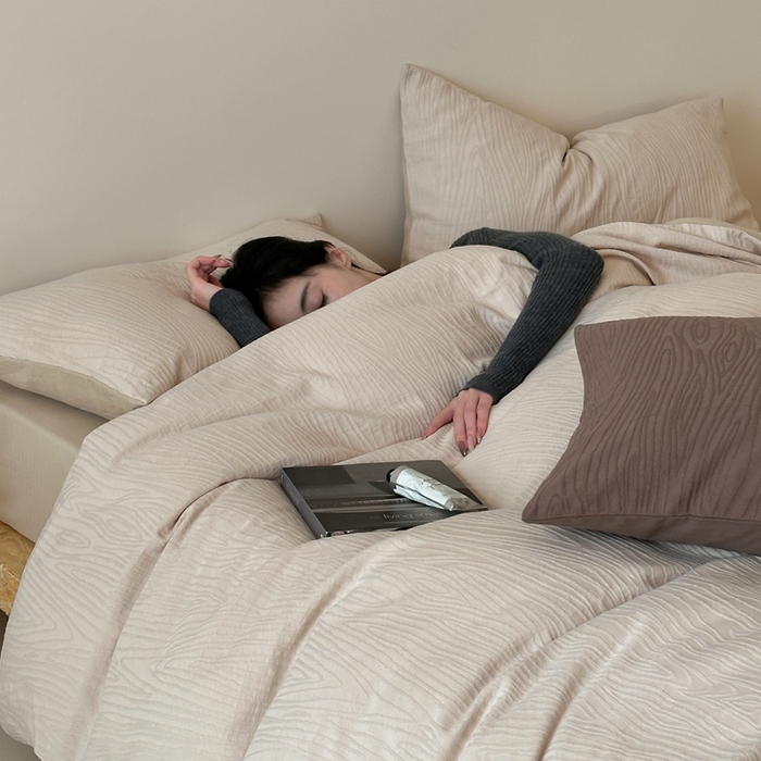 91家纺网 家纺一手货源 找家纺 梦享生活家居 2024新款全棉提花树皮纹系列四件套 提花树皮纹-卡其色