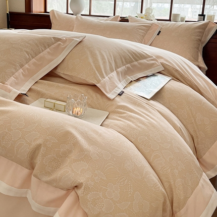 轻奢风A类全棉磨毛四件套加厚纯棉数码印花拼接被套床单轻奢风床笠款床上用品 岚希-金咖