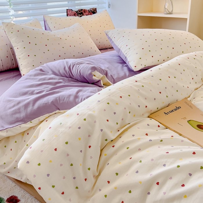 91家纺网 家纺一手货源 找家纺 金丝鸟家纺 2024秋冬新品全棉双层纱四件套 彩色小爱心