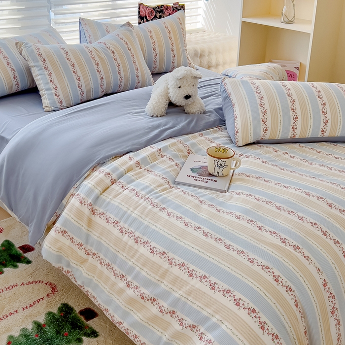 91家纺网 家纺一手货源 找家纺 金丝鸟家纺 2024秋冬新品全棉双层纱四件套 秋意-蓝