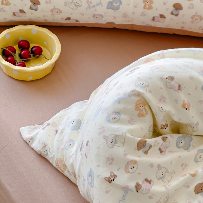 91家纺网 家纺一手货源 找家纺 金丝鸟家纺 2024秋冬新品全棉双层纱四件套 泡芙狗