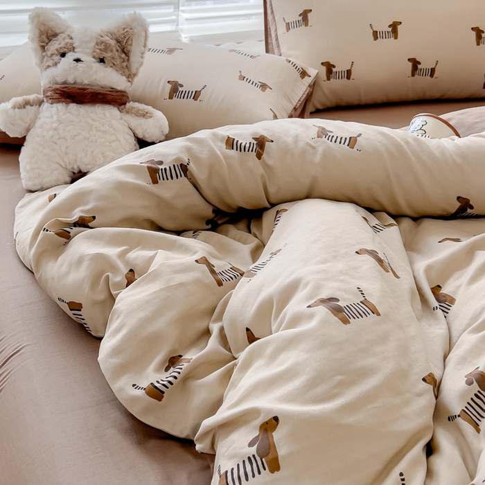 91家纺网 家纺一手货源 找家纺 金丝鸟家纺 2024秋冬新品全棉双层纱四件套 拉条狗