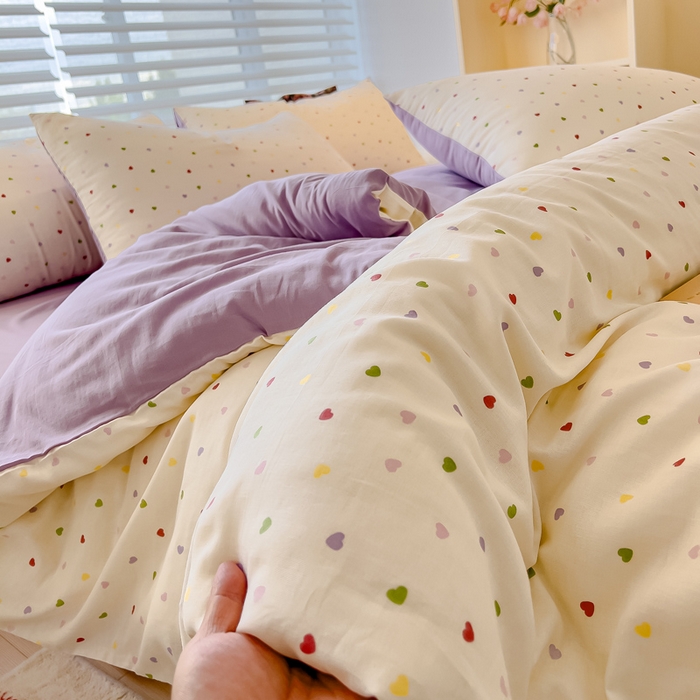 91家纺网 家纺一手货源 找家纺 金丝鸟家纺 2024秋冬新品全棉双层纱四件套 彩色小爱心