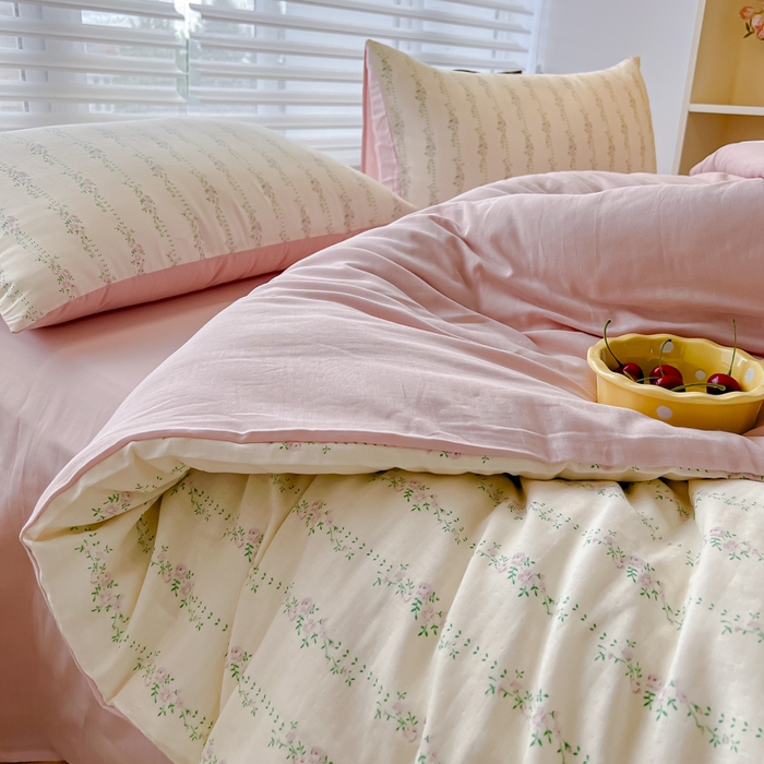 91家纺网 家纺一手货源 找家纺 金丝鸟家纺 2024秋冬新品全棉双层纱四件套 春花粉