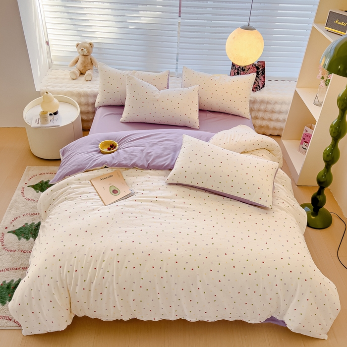 91家纺网 家纺一手货源 找家纺 金丝鸟家纺 2024秋冬新品全棉双层纱四件套 彩色小爱心