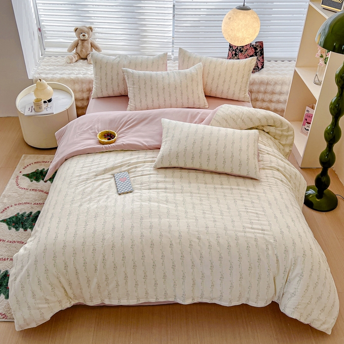 91家纺网 家纺一手货源 找家纺 金丝鸟家纺 2024秋冬新品全棉双层纱四件套 春花粉