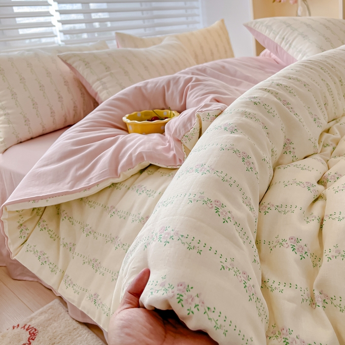 91家纺网 家纺一手货源 找家纺 金丝鸟家纺 2024秋冬新品全棉双层纱四件套 春花粉