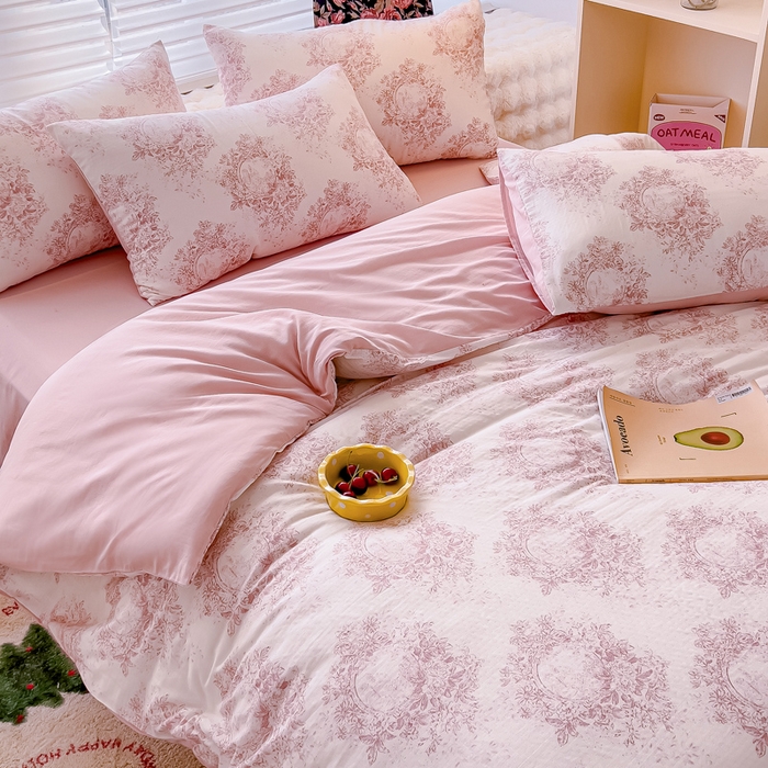 91家纺网 家纺一手货源 找家纺 金丝鸟家纺 2024秋冬新品全棉双层纱四件套 法式花花