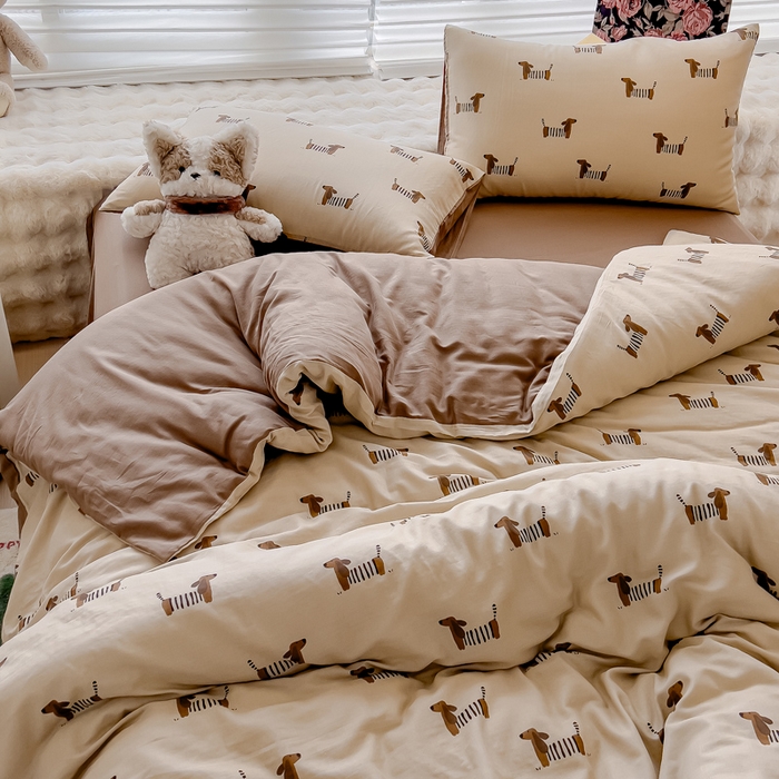 91家纺网 家纺一手货源 找家纺 金丝鸟家纺 2024秋冬新品全棉双层纱四件套 拉条狗