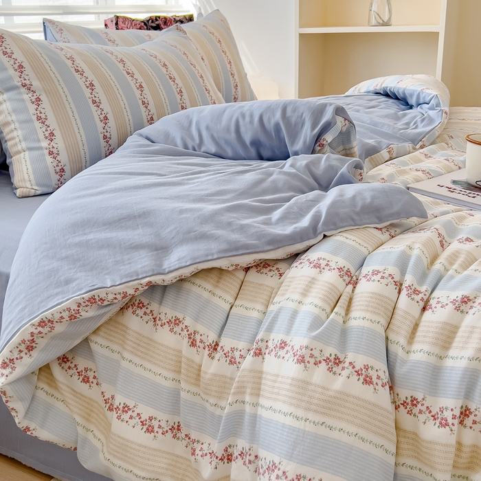 91家纺网 家纺一手货源 找家纺 金丝鸟家纺 2024秋冬新品全棉双层纱四件套 秋意-蓝