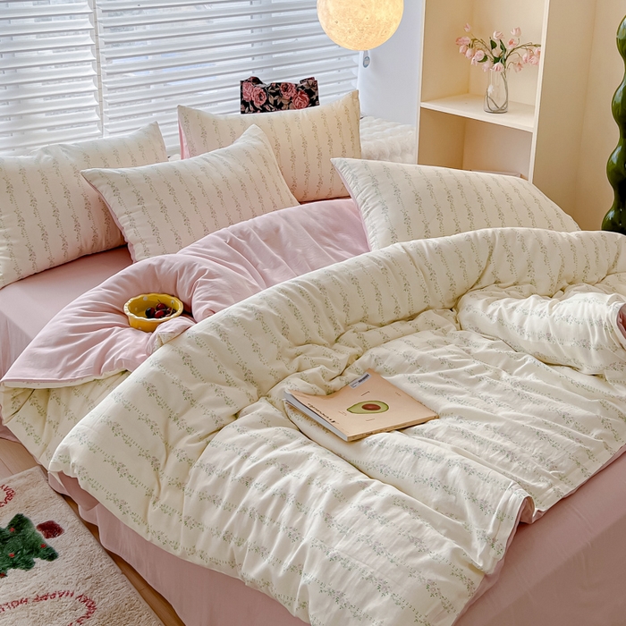 91家纺网 家纺一手货源 找家纺 金丝鸟家纺 2024秋冬新品全棉双层纱四件套 春花粉