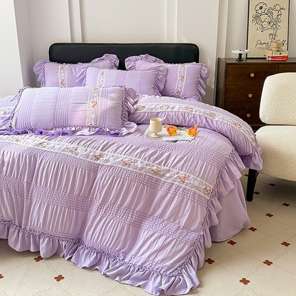 91家纺网 家纺一手货源 找家纺 （总）眠优居 2024新款法式韩版小清新泡泡纱水洗棉被套花边纯色