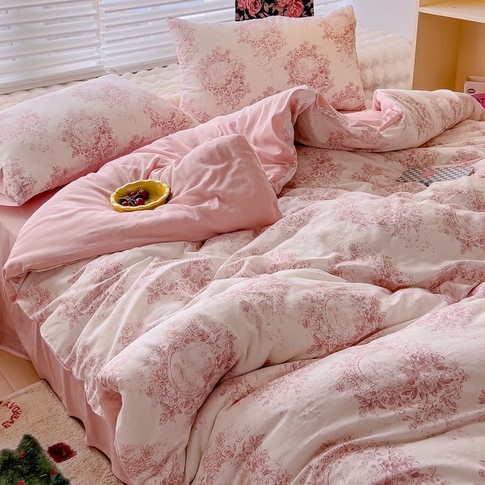 91家纺网 家纺一手货源 找家纺 金丝鸟家纺 2024秋冬新品全棉双层纱四件套 法式花花