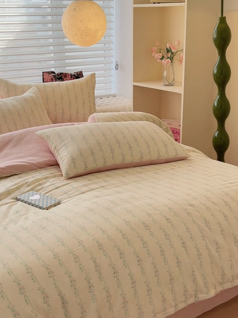 91家纺网 家纺一手货源 找家纺 金丝鸟家纺 2024秋冬新品全棉双层纱四件套 春花粉