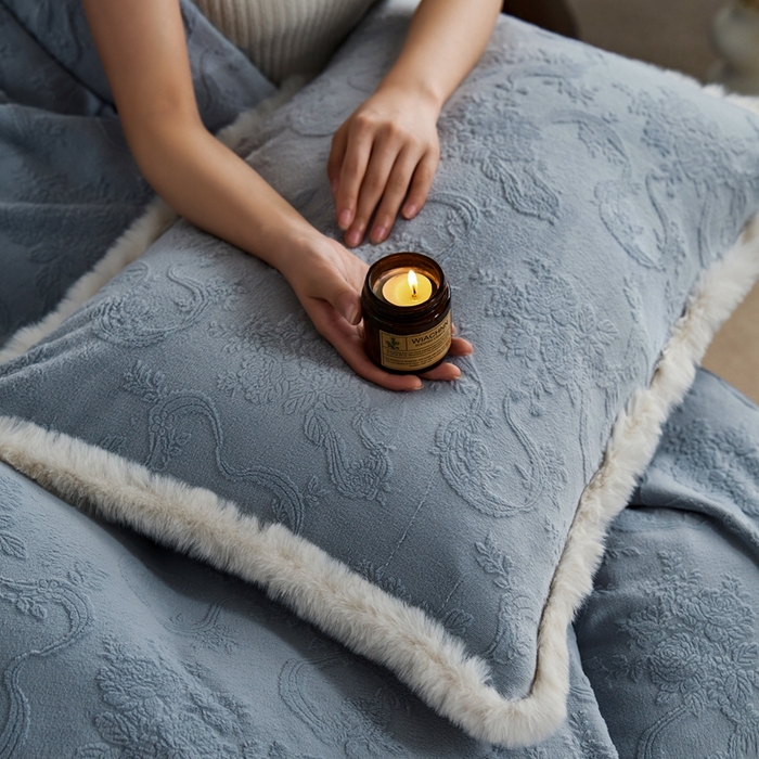 91家纺网 家纺一手货源 找家纺 时年家纺 2024新款240g全消光牛奶绒雕花系列四件套（充值会员优惠10元/套） 提花绒-蓝因