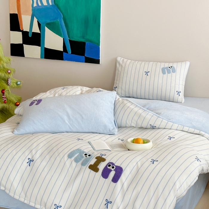 91家纺网 家纺一手货源 找家纺 时年家纺 2024新款牛奶绒毛巾绣系列四件套（充值会员优惠5元） 迷你结-蓝