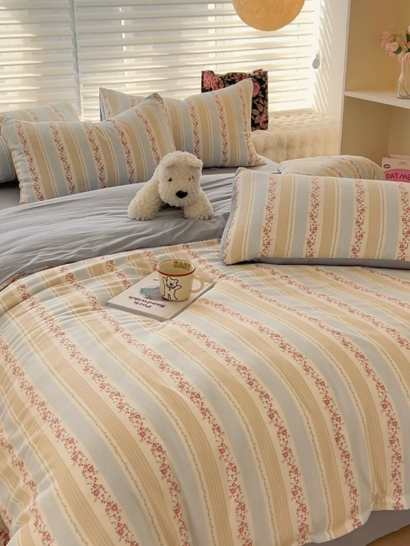 91家纺网 家纺一手货源 找家纺 金丝鸟家纺 2024秋冬新品全棉双层纱四件套 秋意-蓝