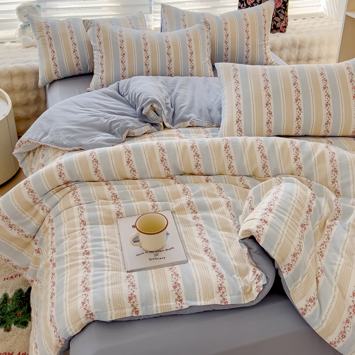 91家纺网 家纺一手货源 找家纺 金丝鸟家纺 2024秋冬新品全棉双层纱四件套 秋意-蓝