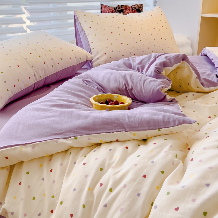 91家纺网 家纺一手货源 找家纺 金丝鸟家纺 2024秋冬新品全棉双层纱四件套 彩色小爱心