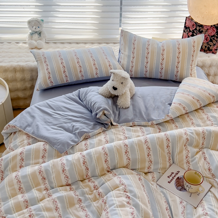 91家纺网 家纺一手货源 找家纺 金丝鸟家纺 2024秋冬新品全棉双层纱四件套 秋意-蓝