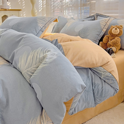 暖芯优选 2025新款直播爆款加厚全棉磨毛四件套喷气印花纯棉（一字绣工艺款）学生三件套10月上新 轻羽-蓝