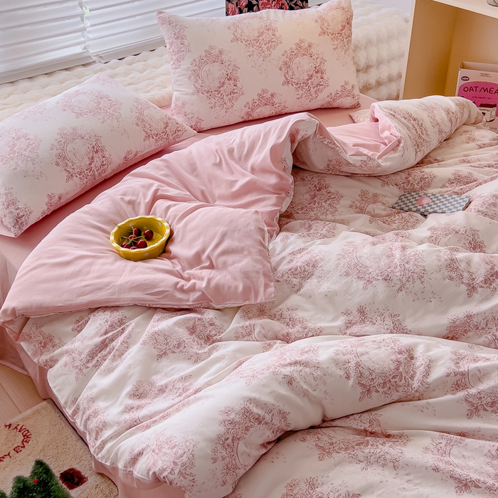 91家纺网 家纺一手货源 找家纺 金丝鸟家纺 2024秋冬新品全棉双层纱四件套 法式花花