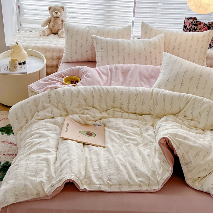 91家纺网 家纺一手货源 找家纺 金丝鸟家纺 2024秋冬新品全棉双层纱四件套 春花粉