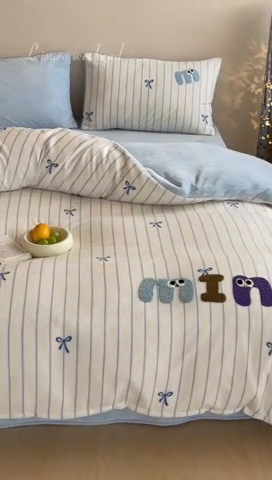 91家纺网 家纺一手货源 找家纺 时年家纺 2024新款牛奶绒毛巾绣系列四件套（充值会员优惠5元） 迷你结-蓝