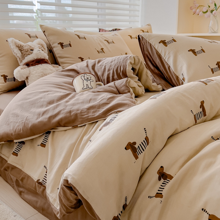 91家纺网 家纺一手货源 找家纺 金丝鸟家纺 2024秋冬新品全棉双层纱四件套 拉条狗