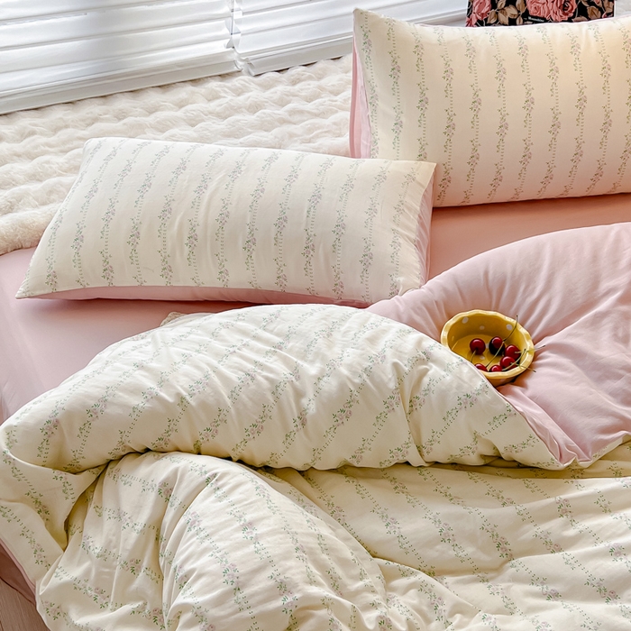 91家纺网 家纺一手货源 找家纺 金丝鸟家纺 2024秋冬新品全棉双层纱四件套 春花粉