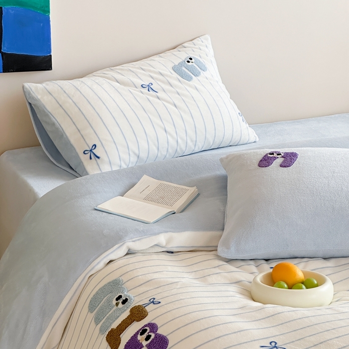 91家纺网 家纺一手货源 找家纺 时年家纺 2024新款牛奶绒毛巾绣系列四件套（充值会员优惠5元） 迷你结-蓝