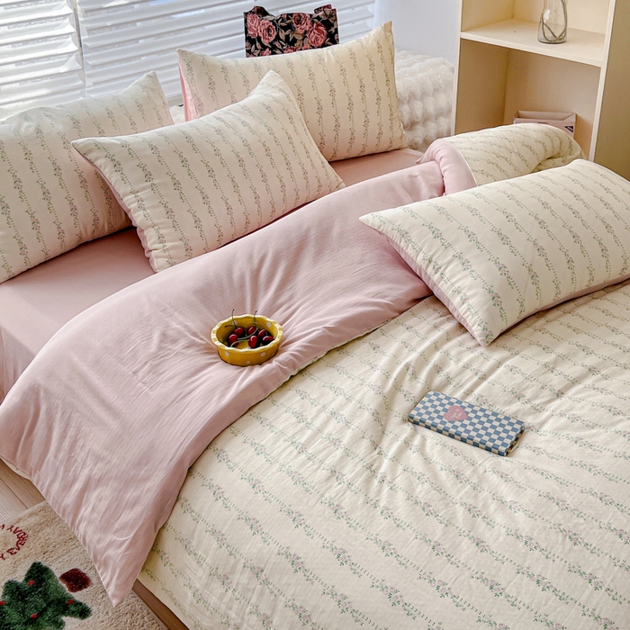 91家纺网 家纺一手货源 找家纺 金丝鸟家纺 2024秋冬新品全棉双层纱四件套 春花粉