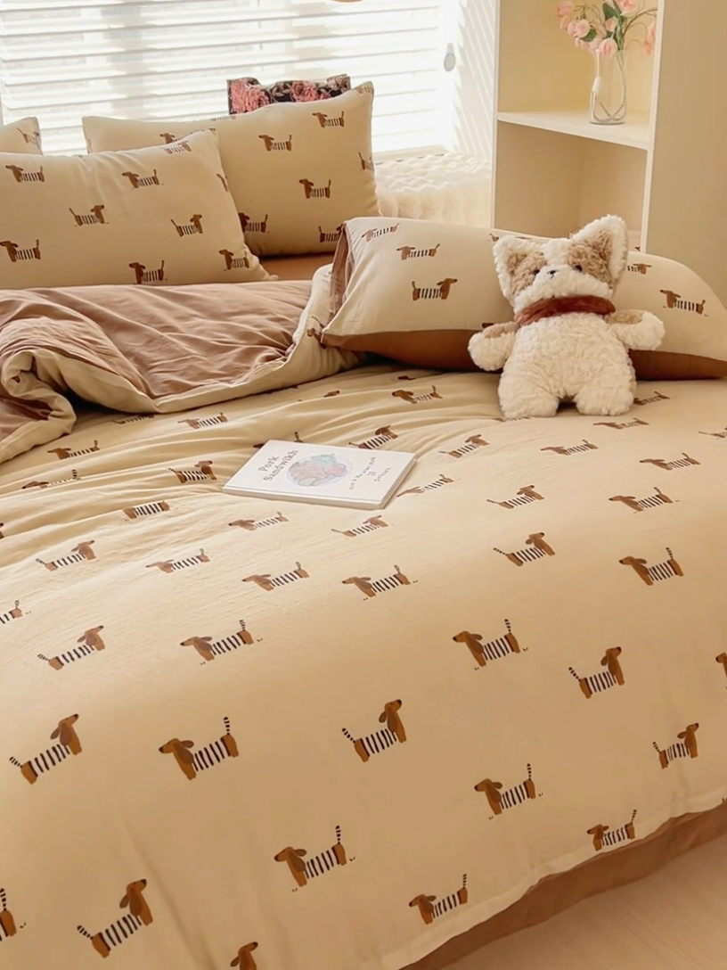 91家纺网 家纺一手货源 找家纺 金丝鸟家纺 2024秋冬新品全棉双层纱四件套 拉条狗