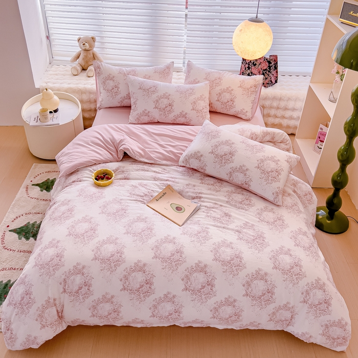 91家纺网 家纺一手货源 找家纺 金丝鸟家纺 2024秋冬新品全棉双层纱四件套 法式花花