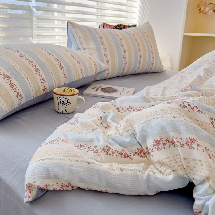 91家纺网 家纺一手货源 找家纺 金丝鸟家纺 2024秋冬新品全棉双层纱四件套 秋意-蓝