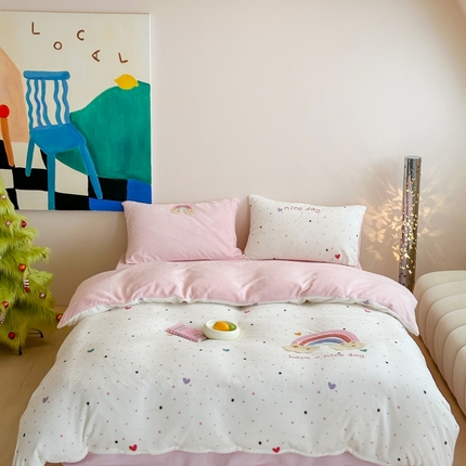 时年家纺 2024新款牛奶绒毛巾绣系列四件套（充值会员优惠5元） 彩虹云朵