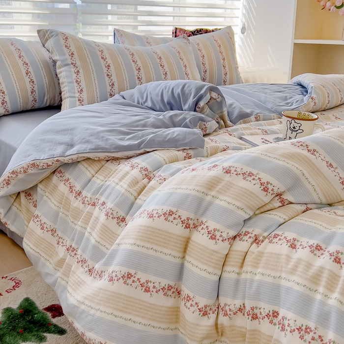 91家纺网 家纺一手货源 找家纺 金丝鸟家纺 2024秋冬新品全棉双层纱四件套 秋意-蓝