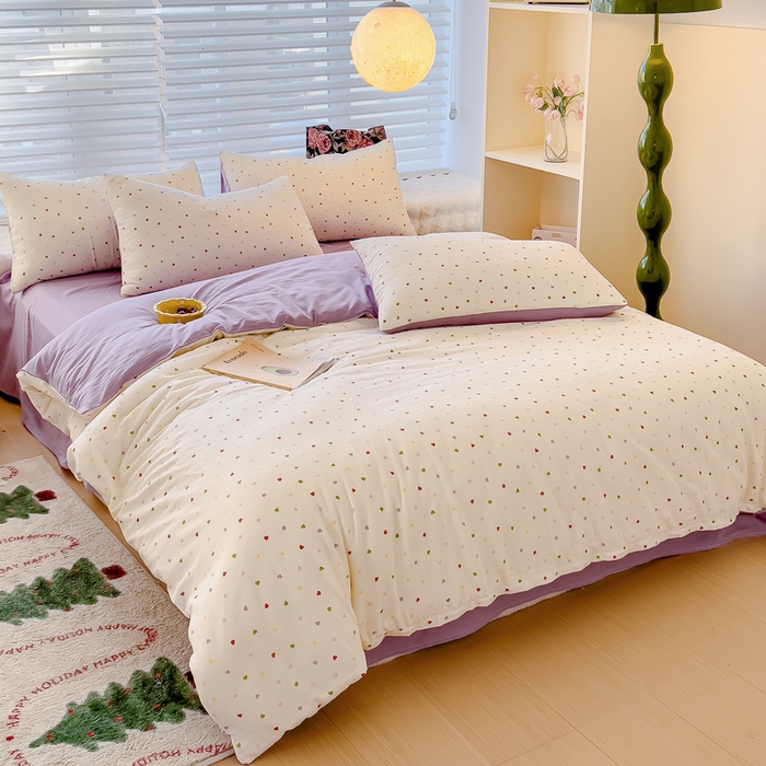 91家纺网 家纺一手货源 找家纺 金丝鸟家纺 2024秋冬新品全棉双层纱四件套 彩色小爱心