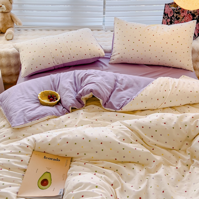 91家纺网 家纺一手货源 找家纺 金丝鸟家纺 2024秋冬新品全棉双层纱四件套 彩色小爱心