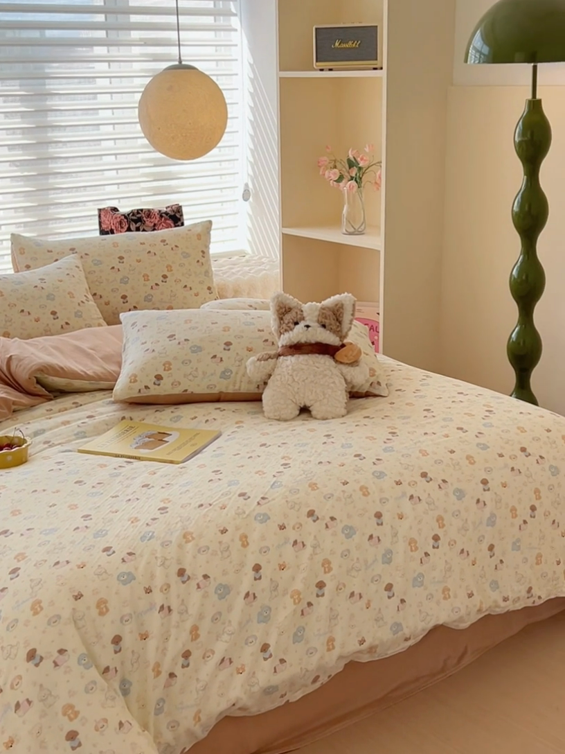 91家纺网 家纺一手货源 找家纺 金丝鸟家纺 2024秋冬新品全棉双层纱四件套 泡芙狗