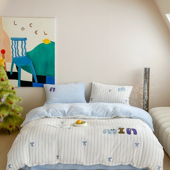 91家纺网 家纺一手货源 找家纺 时年家纺 2024新款牛奶绒毛巾绣系列四件套（充值会员优惠5元） 迷你结-蓝