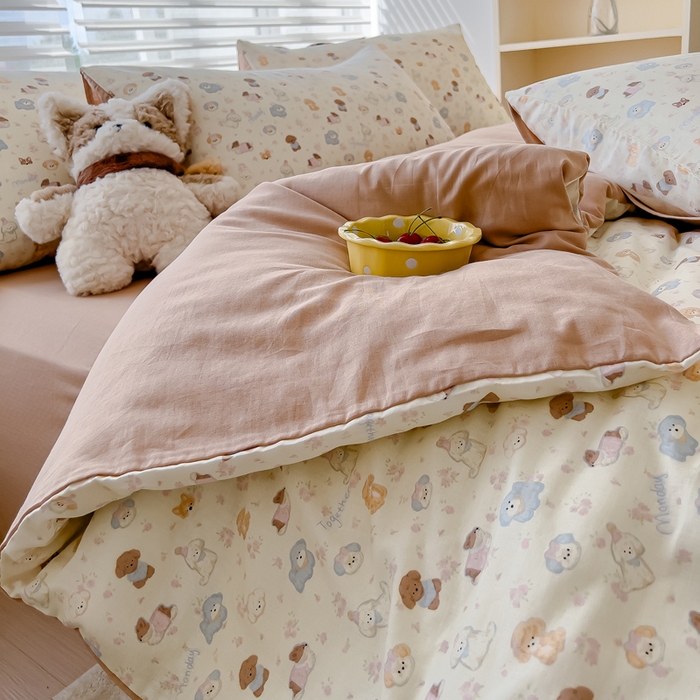 91家纺网 家纺一手货源 找家纺 金丝鸟家纺 2024秋冬新品全棉双层纱四件套 泡芙狗